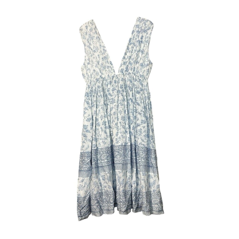 ASH & EDEN Dress Womens Large White Blue Floral Midi V-neck Boho Tuckernuck